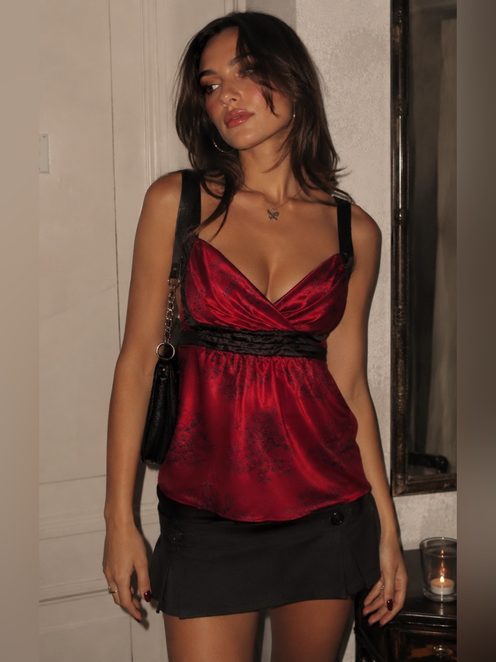Le Chateau Y2K Red Satin Empire Waist Tank Top with Black Paisley Print Size L